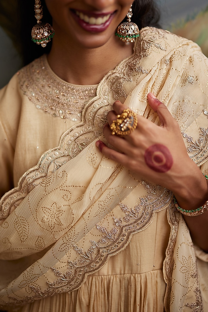 Buttercup Chanderi Silk & Organza Silk Embroidered Wedding Anarkali Set by Punit Balana at Pernia's Pop Up Shop