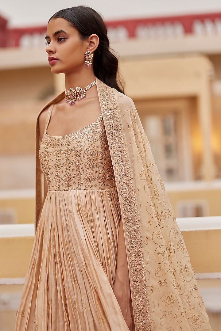 Buttercup Chanderi Silk & Organza Silk Embroidered Wedding Anarkali Set by Punit Balana at Pernia's Pop Up Shop