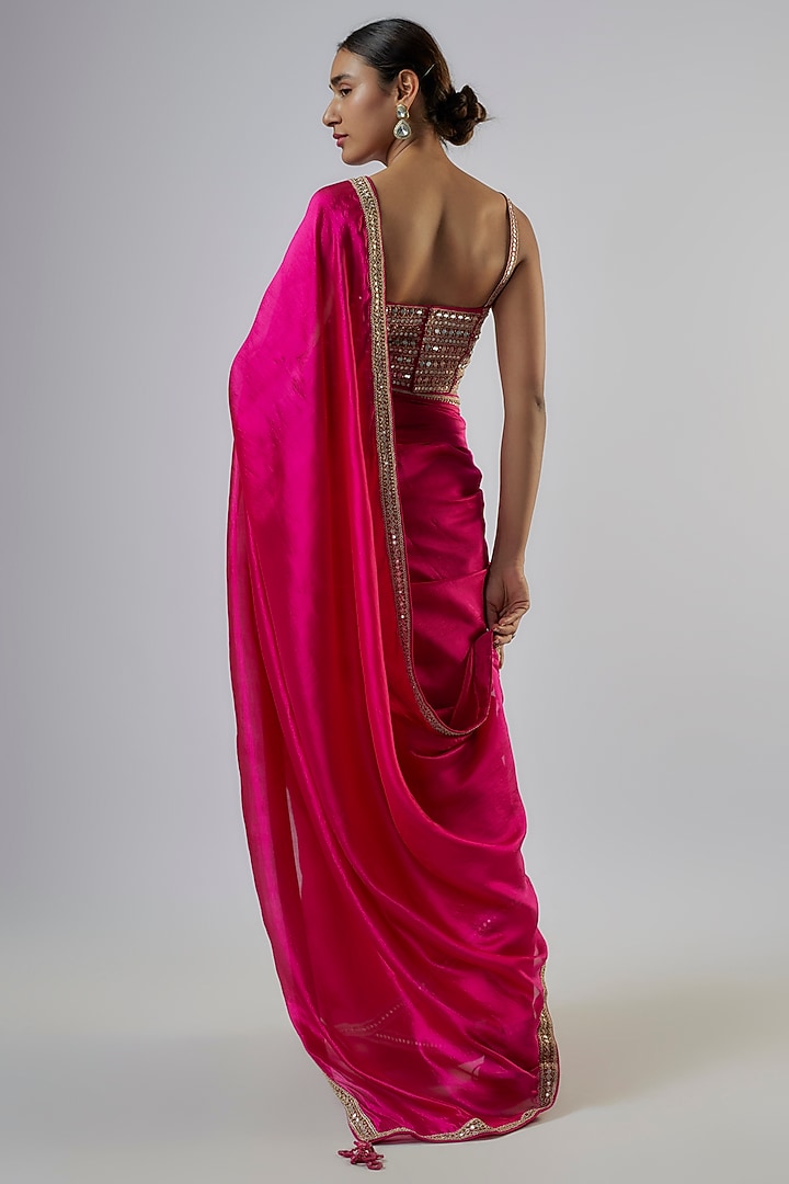 Rani Pink Organza Silk Patra Work Wedding Saree Set by Punit Balana at Pernia's Pop Up Shop