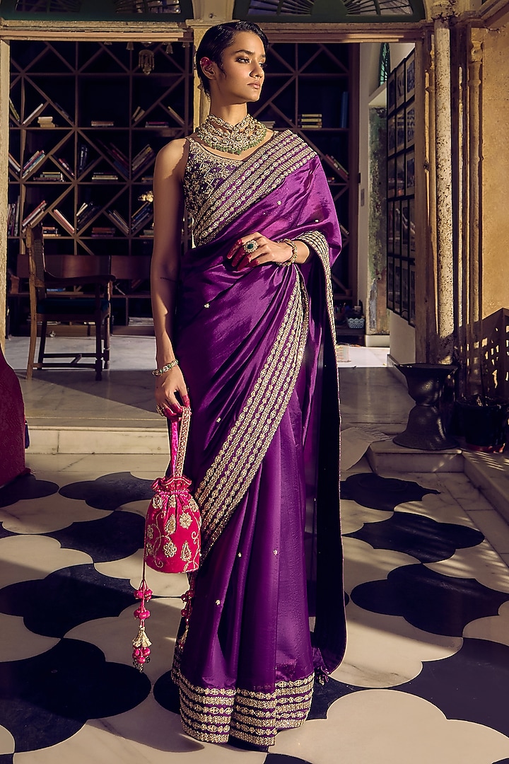 Baigani Organza Silk Gota & Marodi Embroidered Saree Set by Punit Balana