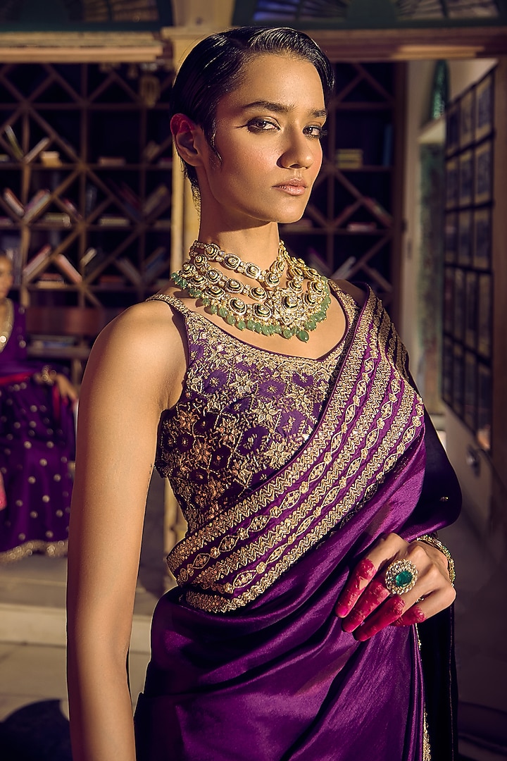 Baigani Organza Silk Gota & Marodi Embroidered Reception Saree Set by Punit Balana at Pernia's Pop Up Shop