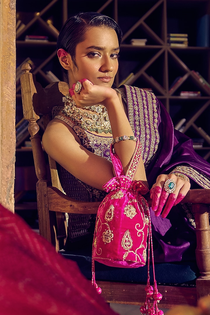 Baigani Organza Silk Gota & Marodi Embroidered Reception Saree Set by Punit Balana at Pernia's Pop Up Shop