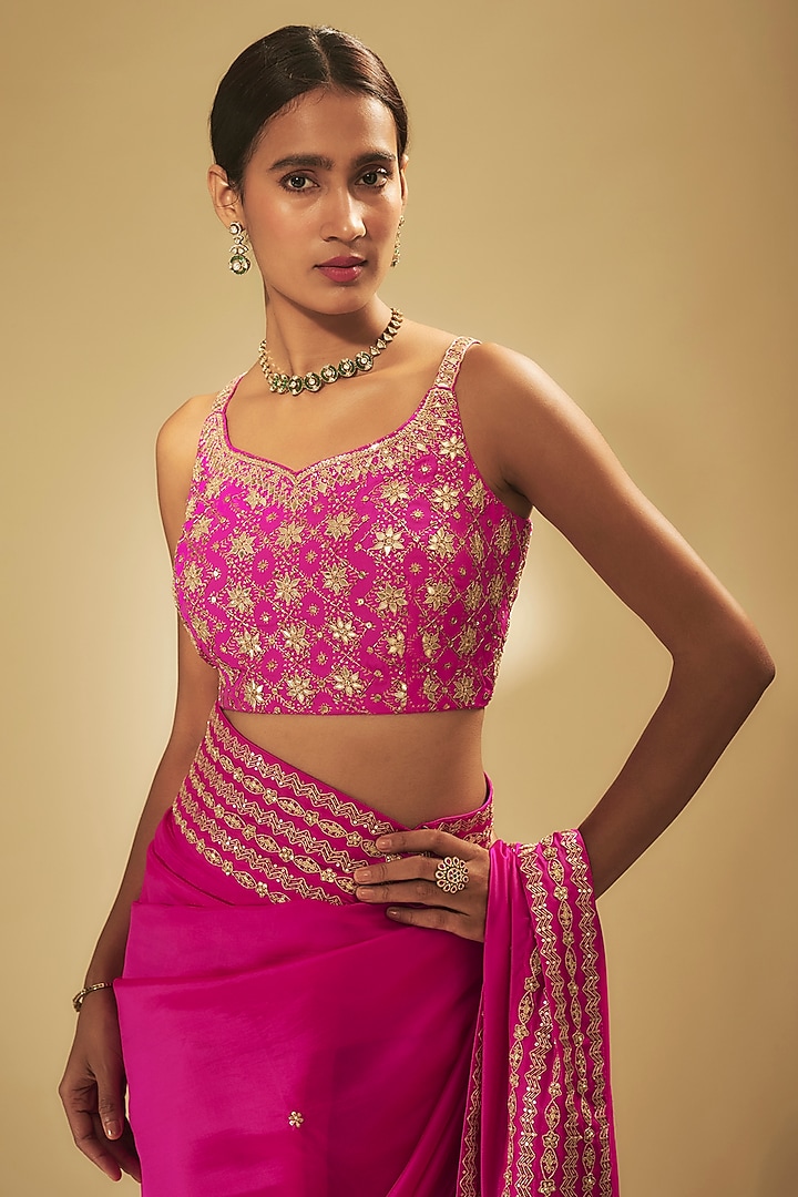 Pink Organza Silk Gota & Marodi Embroidered Reception Saree Set by Punit Balana at Pernia's Pop Up Shop