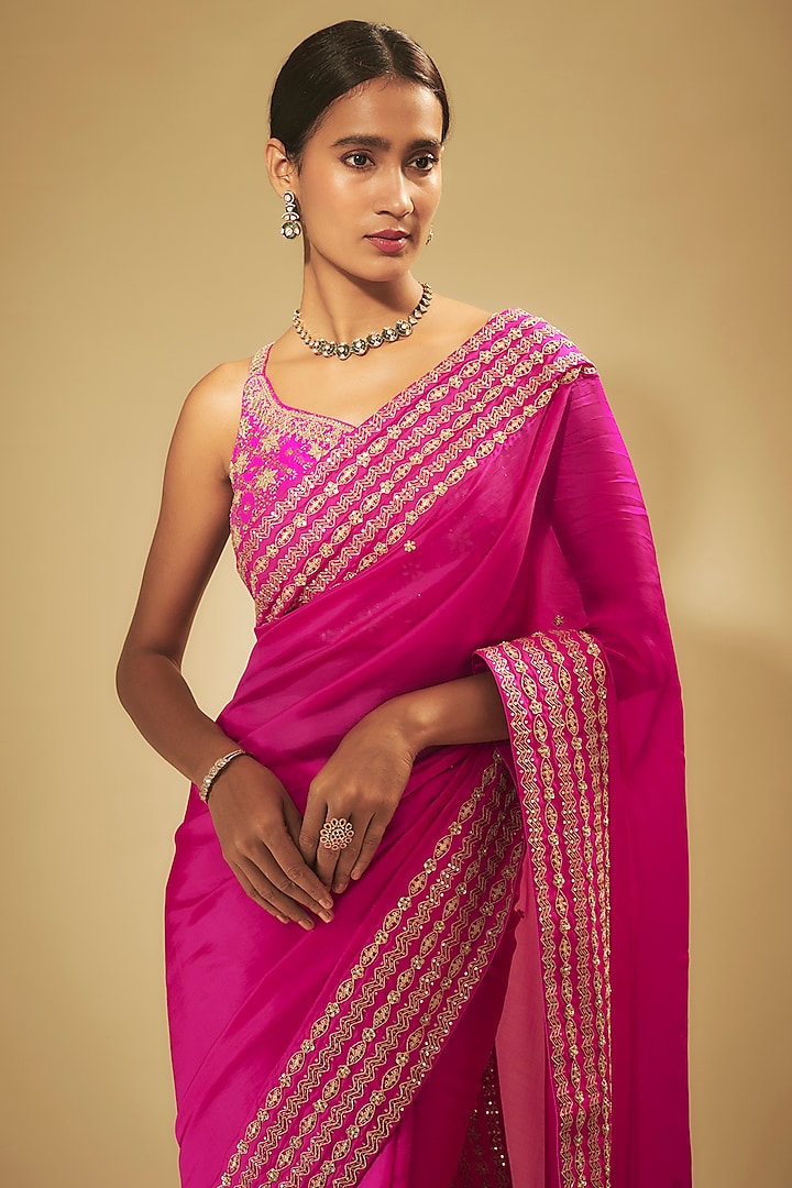 Pink Organza Silk Gota & Marodi Embroidered Reception Saree Set by Punit Balana at Pernia's Pop Up Shop