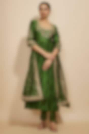 Green Chanderi Silk & Organza Silk Zardosi Embroidered Anarkali Set by Punit Balana