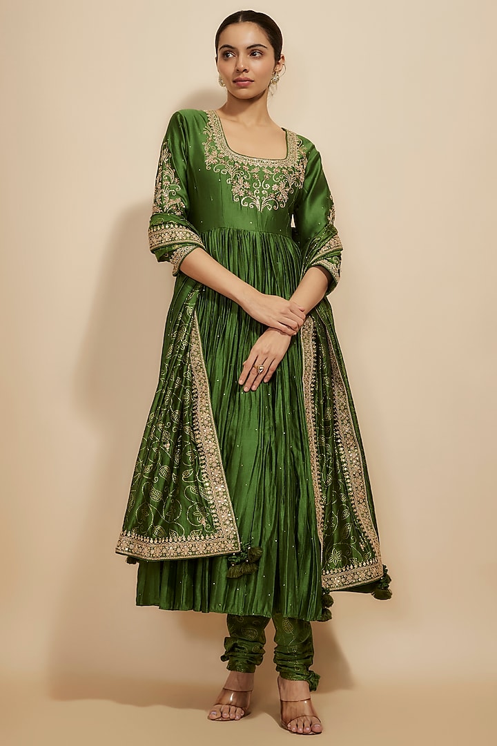 Green Chanderi Silk & Organza Silk Zardosi Embroidered Anarkali Set by Punit Balana