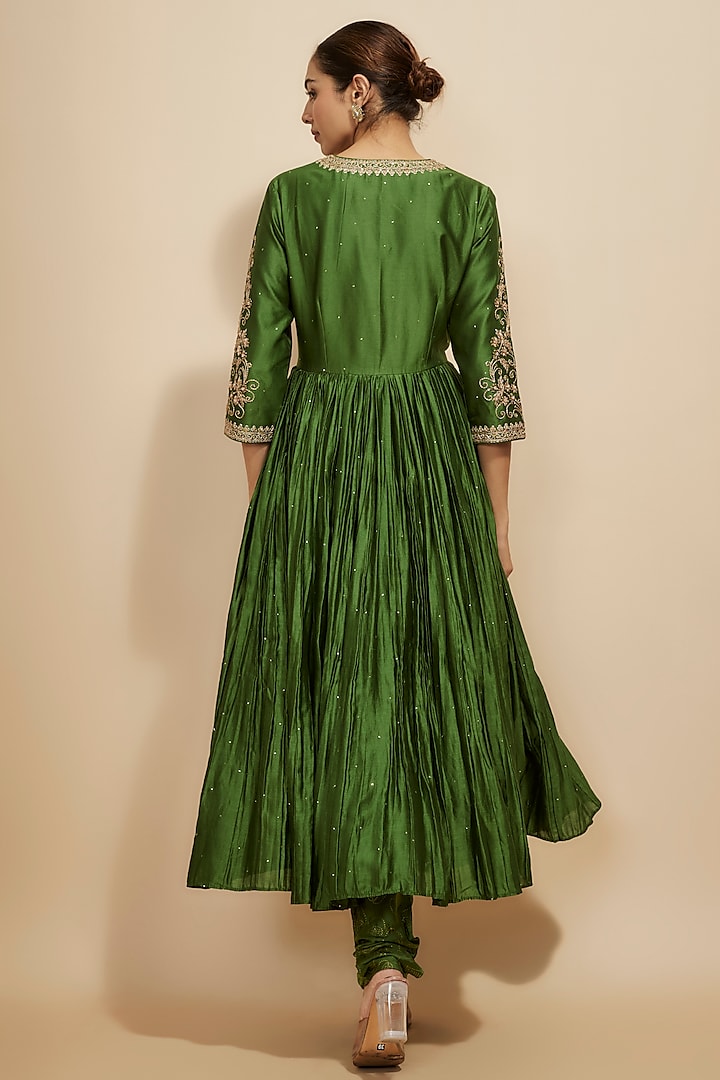 Green Chanderi Silk & Organza Silk Zardosi Embroidered Wedding Anarkali Set by Punit Balana at Pernia's Pop Up Shop