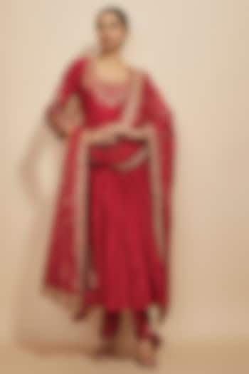 Red Chanderi Silk & Organza Silk Zardosi Embroidered Anarkali Set by Punit Balana