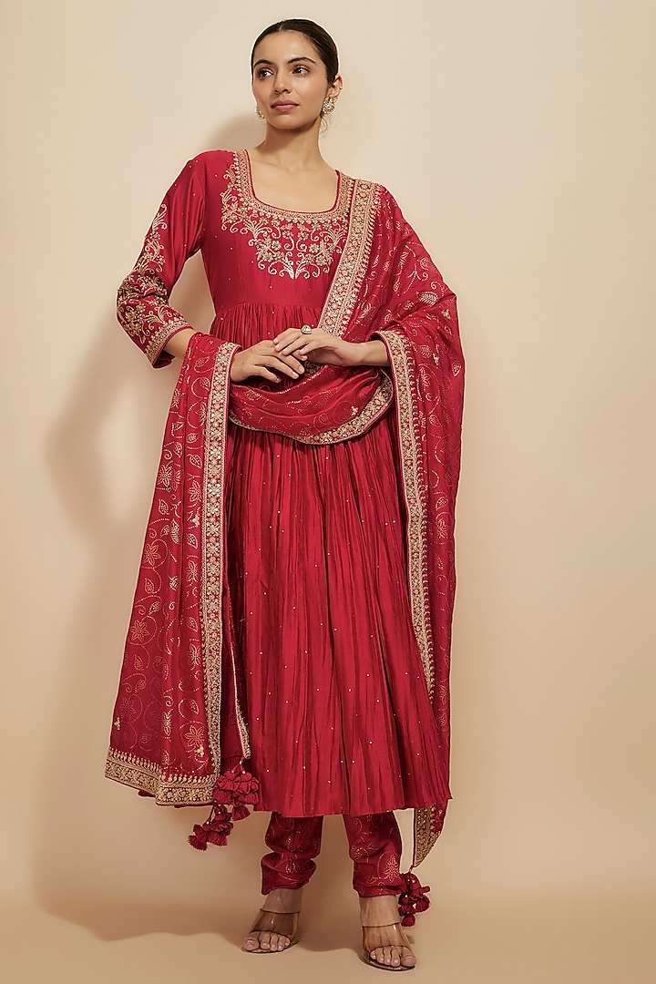 Red Chanderi Silk & Organza Silk Zardosi Embroidered Anarkali Set by Punit Balana