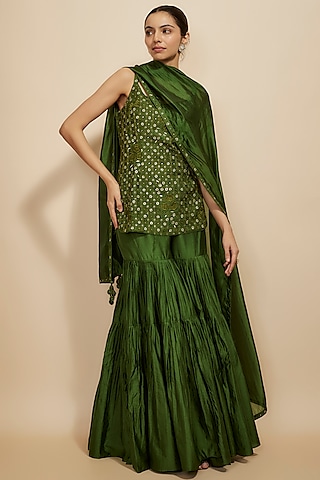 Green Chanderi Silk Gharara Set by Punit Balana