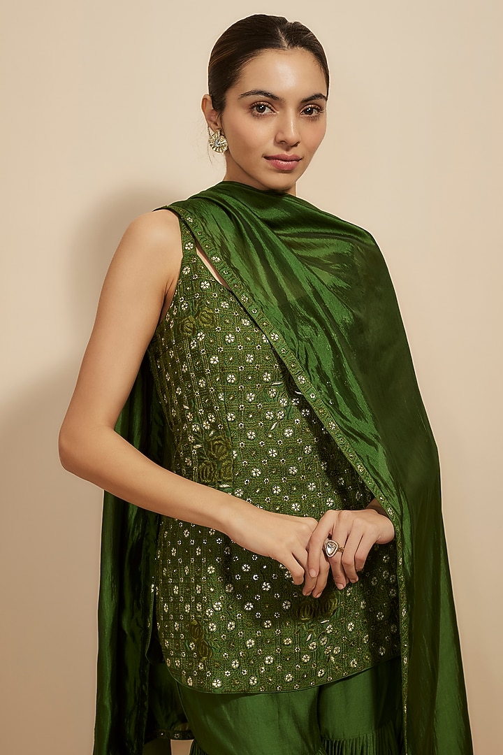 Green Chanderi Silk Gharara Set by Punit Balana at Pernia's Pop Up Shop