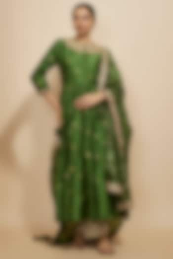 Green Handloom Chanderi & Organza Silk Zardosi Embroidered Anarkali Set by Punit Balana