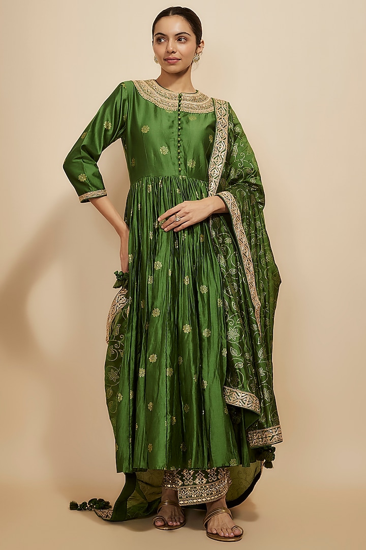 Green Handloom Chanderi & Organza Silk Zardosi Embroidered Anarkali Set by Punit Balana