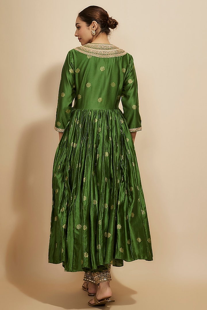 Green Handloom Chanderi & Organza Silk Zardosi Embroidered Wedding Anarkali Set by Punit Balana at Pernia's Pop Up Shop
