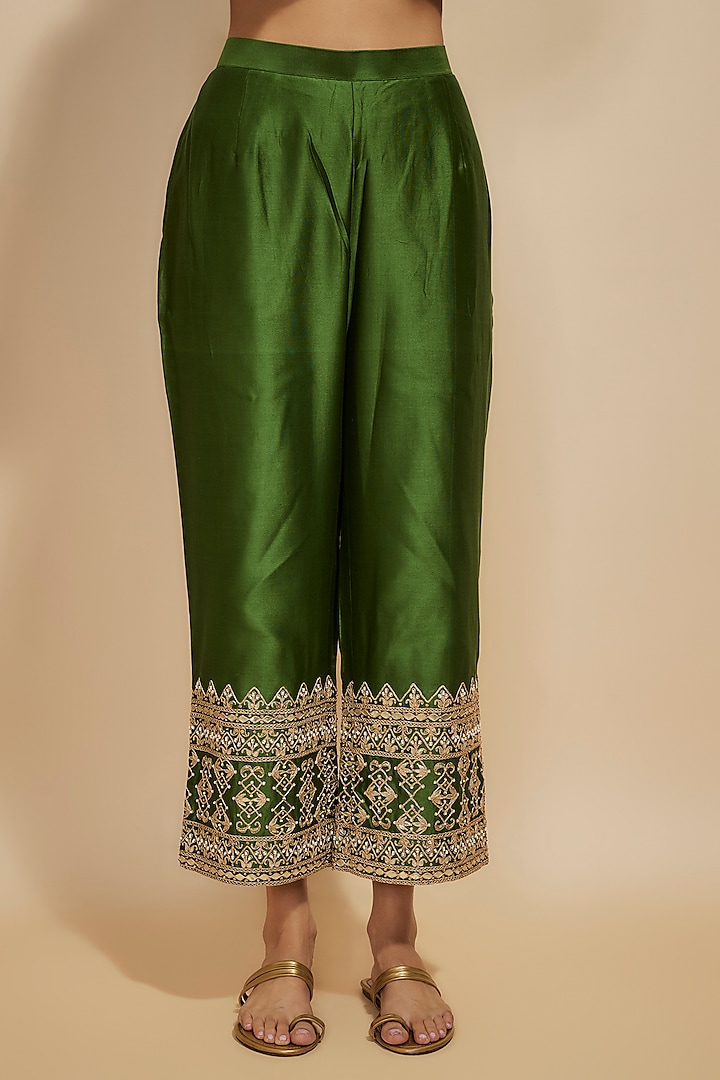 Green Handloom Chanderi & Organza Silk Zardosi Embroidered Wedding Anarkali Set by Punit Balana at Pernia's Pop Up Shop