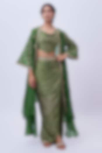 Green Satin Silk & Organza Silk Marodi Work Cape Set by Punit Balana at Pernia's Pop Up Shop