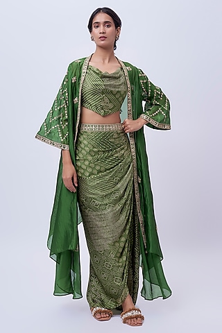 Green Satin Silk & Organza Silk Marodi Work Cape Set by Punit Balana