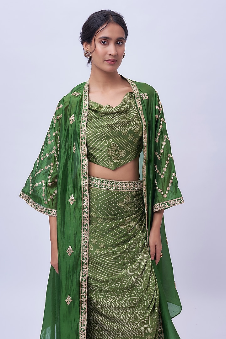 Green Satin Silk & Organza Silk Marodi Work Cape Set by Punit Balana at Pernia's Pop Up Shop
