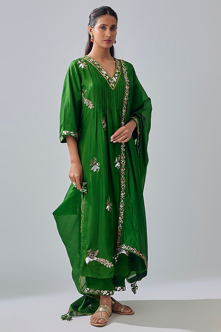 Green Organza Silk Glass Embroidered Wedding Anarkali Set by Punit Balana at Pernia's Pop Up Shop