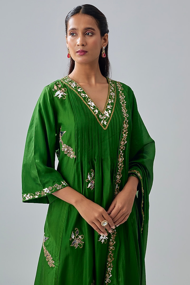Green Organza Silk Glass Embroidered Wedding Anarkali Set by Punit Balana at Pernia's Pop Up Shop