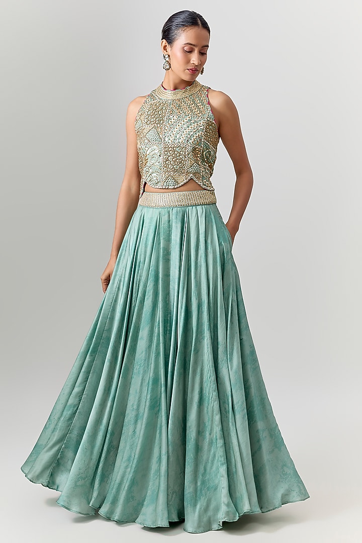 Sage Green Satin Silk Flowy Printed Skirt Set by Punit Balana at Pernia's Pop Up Shop