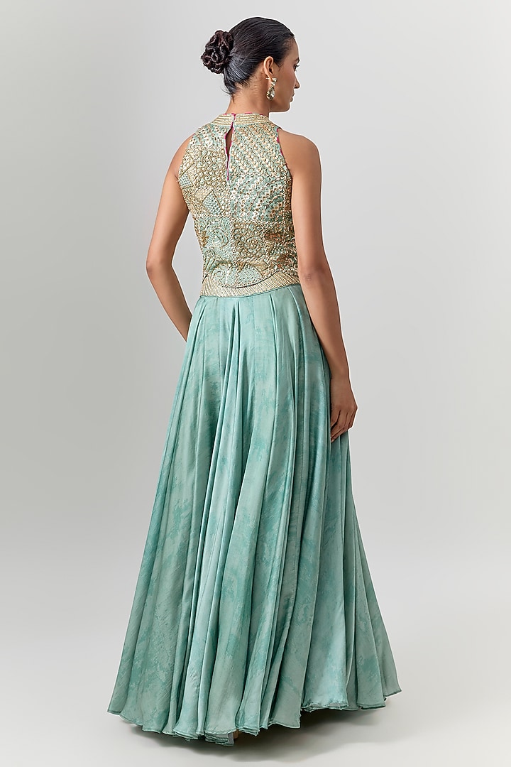 Sage Green Satin Silk Flowy Printed Skirt Set by Punit Balana at Pernia's Pop Up Shop