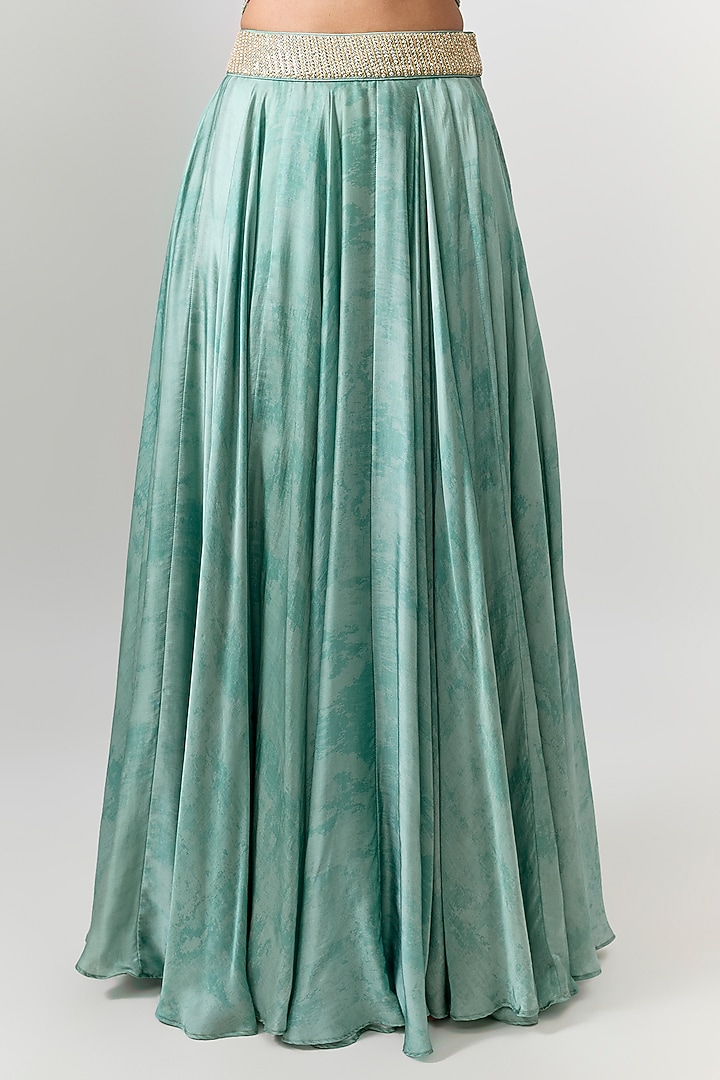 Sage Green Satin Silk Flowy Printed Skirt Set by Punit Balana at Pernia's Pop Up Shop