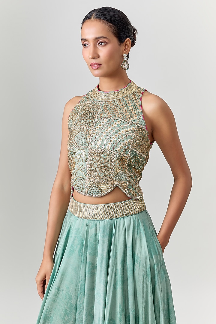 Sage Green Satin Silk Flowy Printed Skirt Set by Punit Balana at Pernia's Pop Up Shop