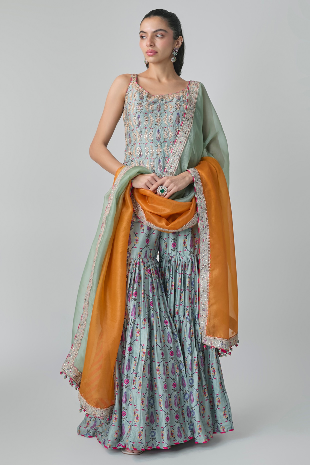 Punit Balana Sage Green Silk Chanderi Printed Gharara Set