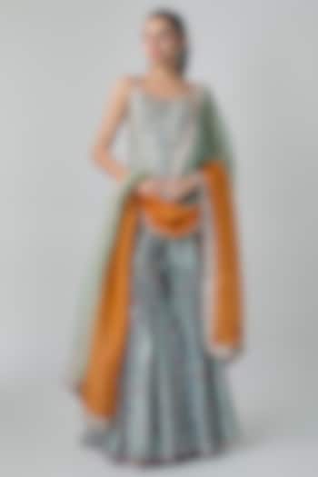 Sage Green Silk Chanderi Printed Gharara Set by Punit Balana at Pernia's Pop Up Shop