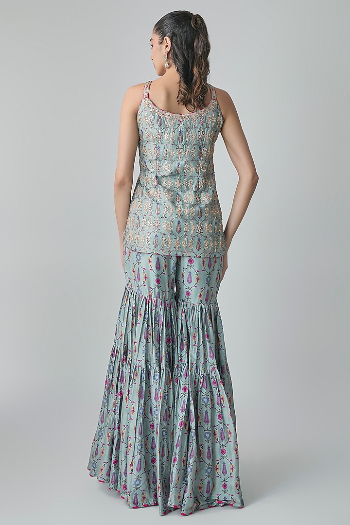 Sage Green Silk Chanderi Printed Gharara Set by Punit Balana at Pernia's Pop Up Shop