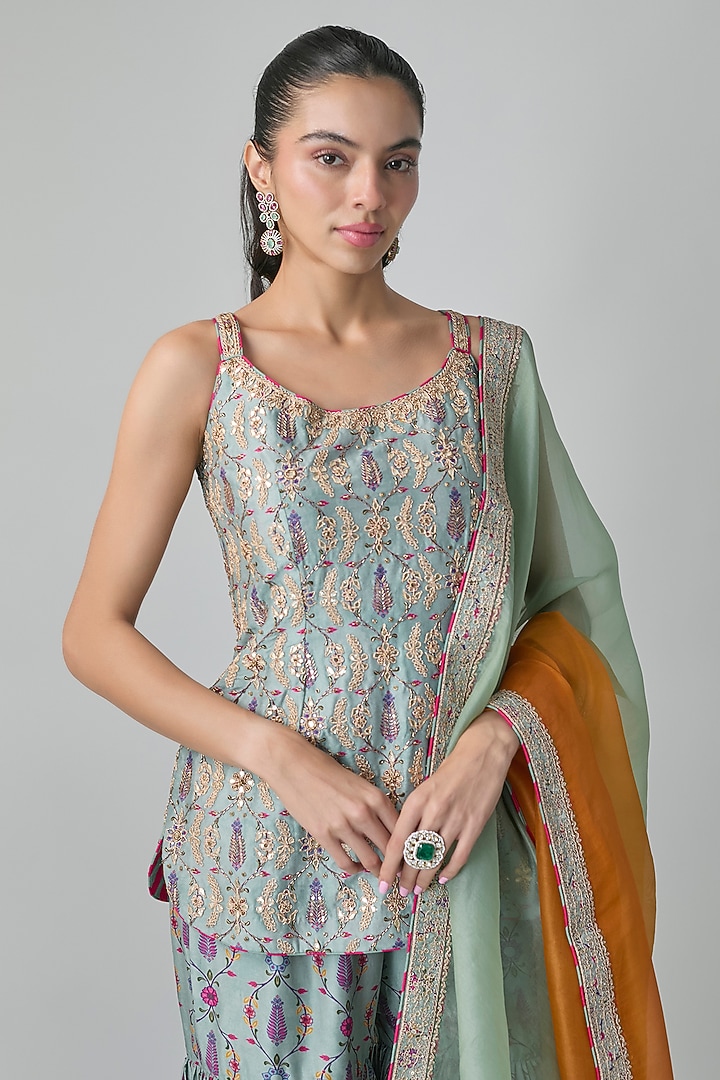 Sage Green Silk Chanderi Printed Gharara Set by Punit Balana at Pernia's Pop Up Shop