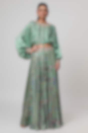 Sage Green Satin Silk Printed Skirt Set by Punit Balana at Pernia's Pop Up Shop