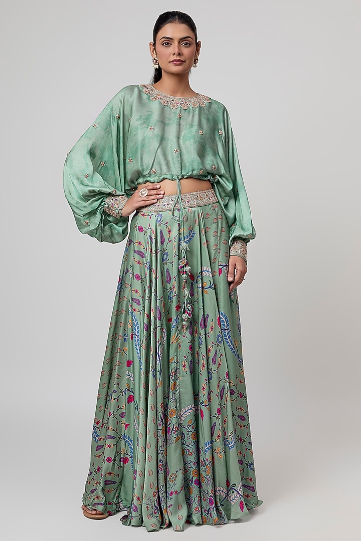 Sage Green Satin Silk Printed Skirt Set by Punit Balana at Pernia's Pop Up Shop