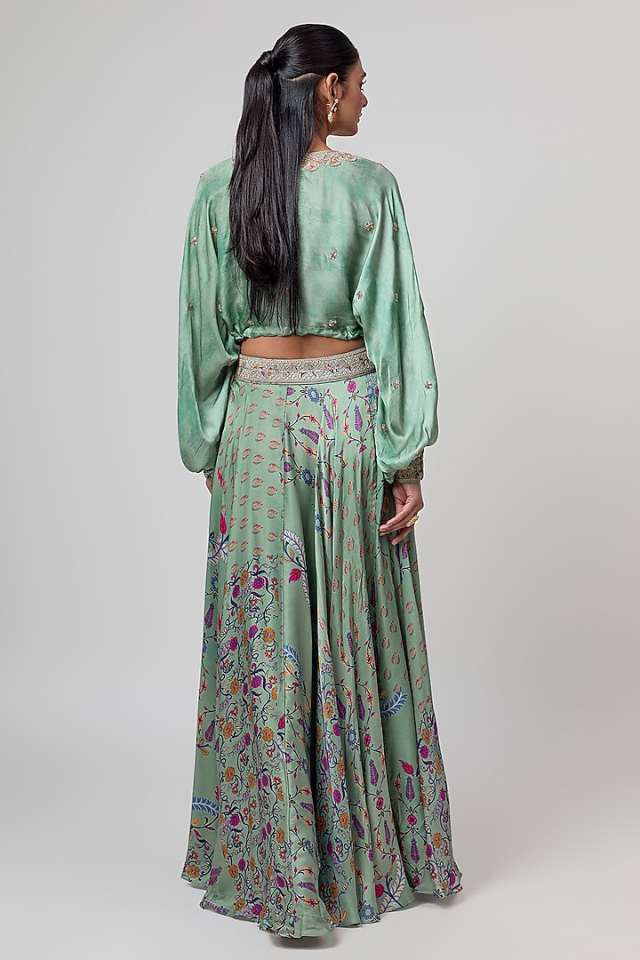Sage Green Satin Silk Printed Skirt Set by Punit Balana at Pernia's Pop Up Shop