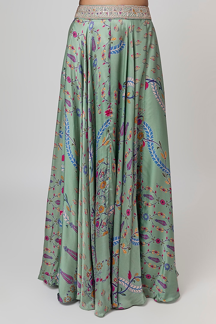 Sage Green Satin Silk Printed Skirt Set by Punit Balana at Pernia's Pop Up Shop