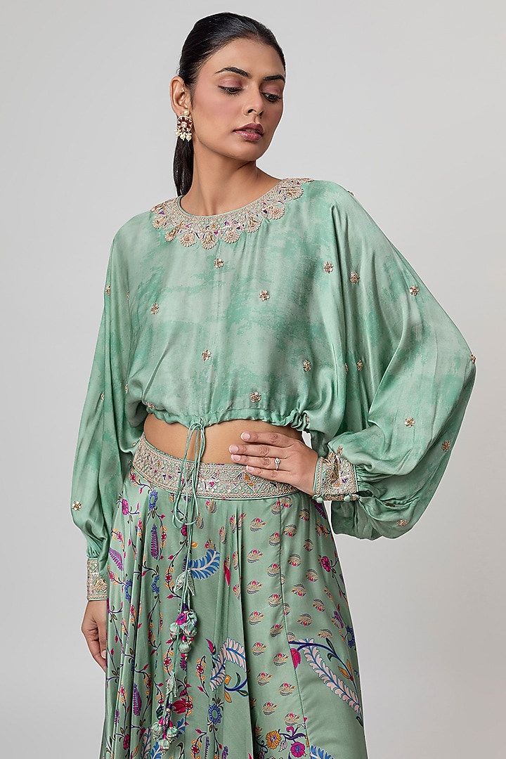 Sage Green Satin Silk Printed Skirt Set by Punit Balana at Pernia's Pop Up Shop