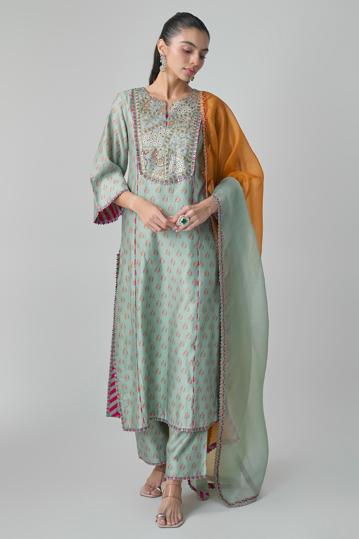 Punit Balana Sage Green Silk Chanderi Printed & Thread Embroidered Kurta Set