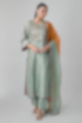 Sage Green Silk Chanderi Printed & Thread Embroidered Kurta Set by Punit Balana at Pernia's Pop Up Shop