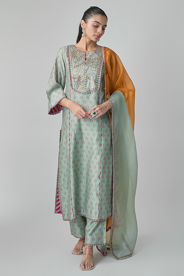 Sage Green Silk Chanderi Printed & Thread Embroidered Kurta Set by Punit Balana at Pernia's Pop Up Shop