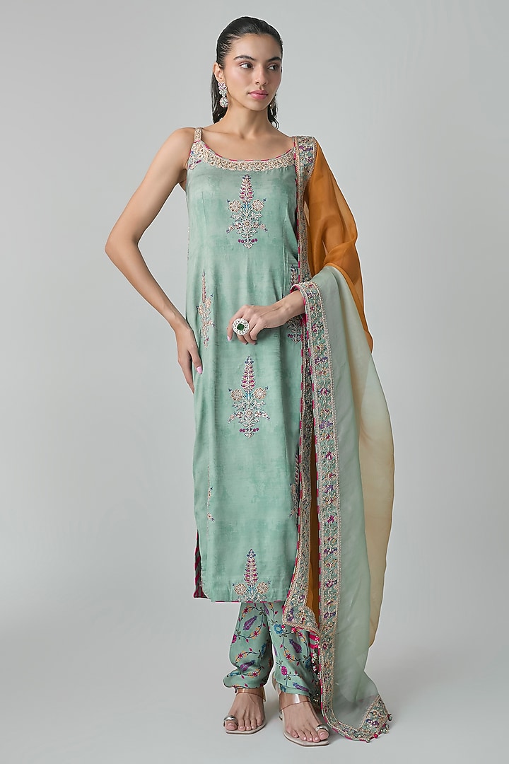 Sage Green Silk Chanderi Embroidered Kurta Set by Punit Balana at Pernia's Pop Up Shop