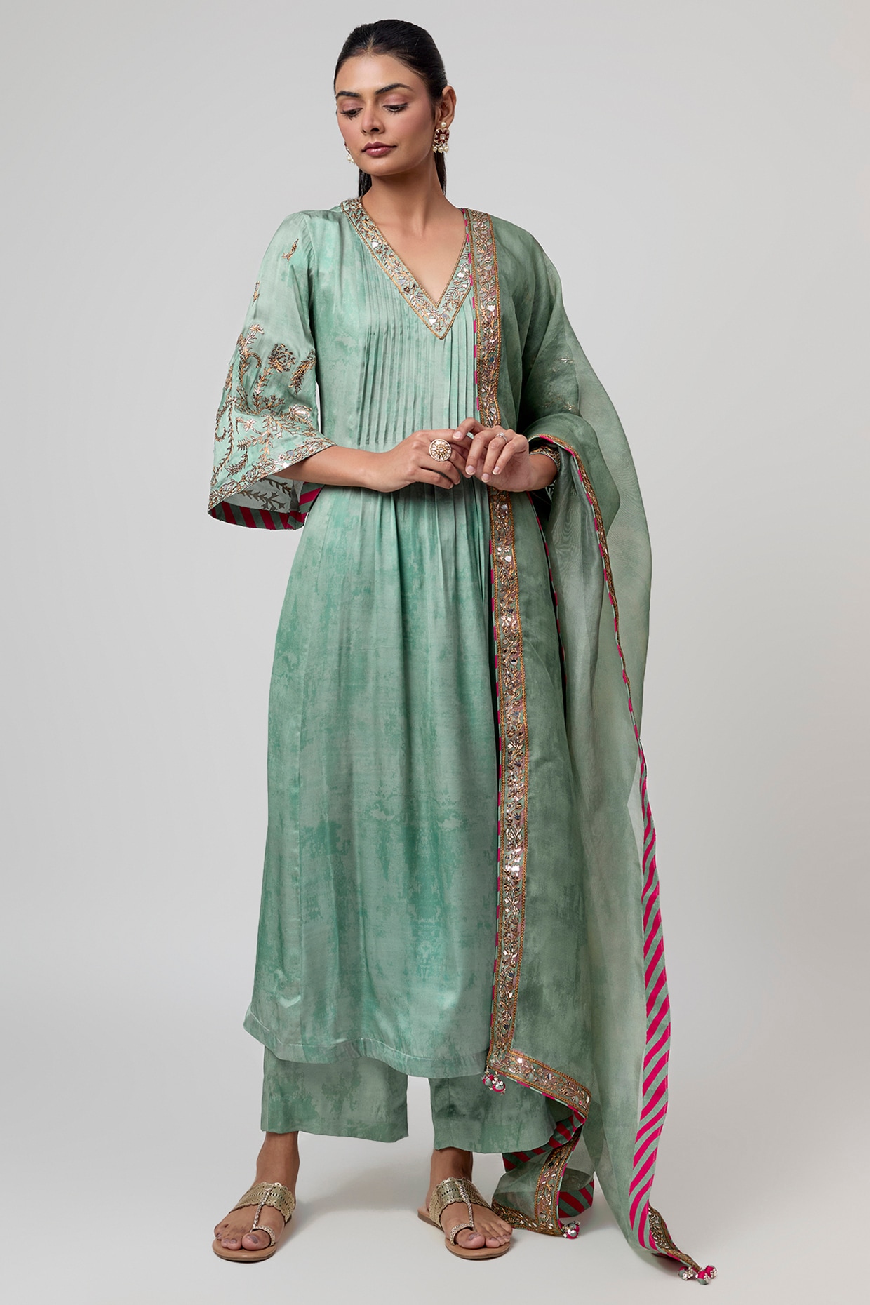 Punit Balana Sage Green Satin Silk Foil Embroidered & Printed Kurta Set