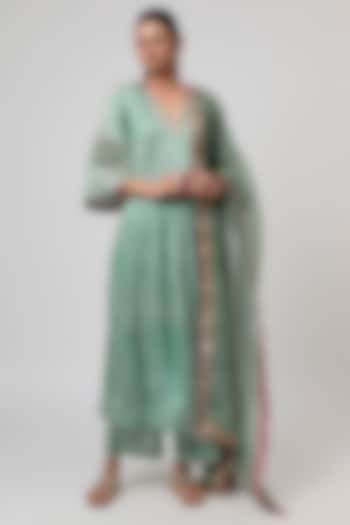 Sage Green Satin Silk Foil Embroidered & Printed Kurta Set by Punit Balana at Pernia's Pop Up Shop