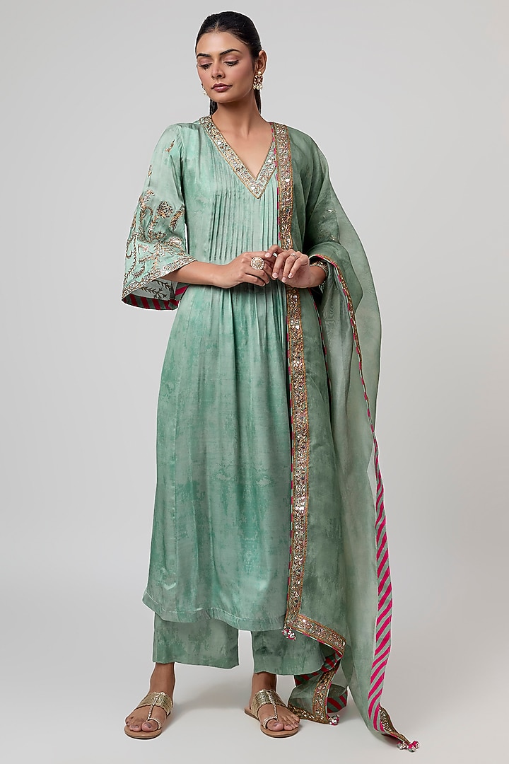 Sage Green Satin Silk Foil Embroidered & Printed Kurta Set by Punit Balana at Pernia's Pop Up Shop