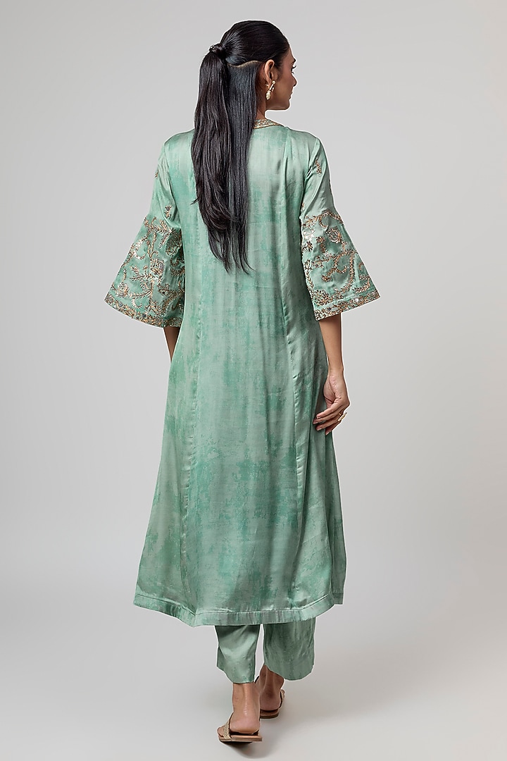 Sage Green Satin Silk Foil Embroidered & Printed Kurta Set by Punit Balana at Pernia's Pop Up Shop