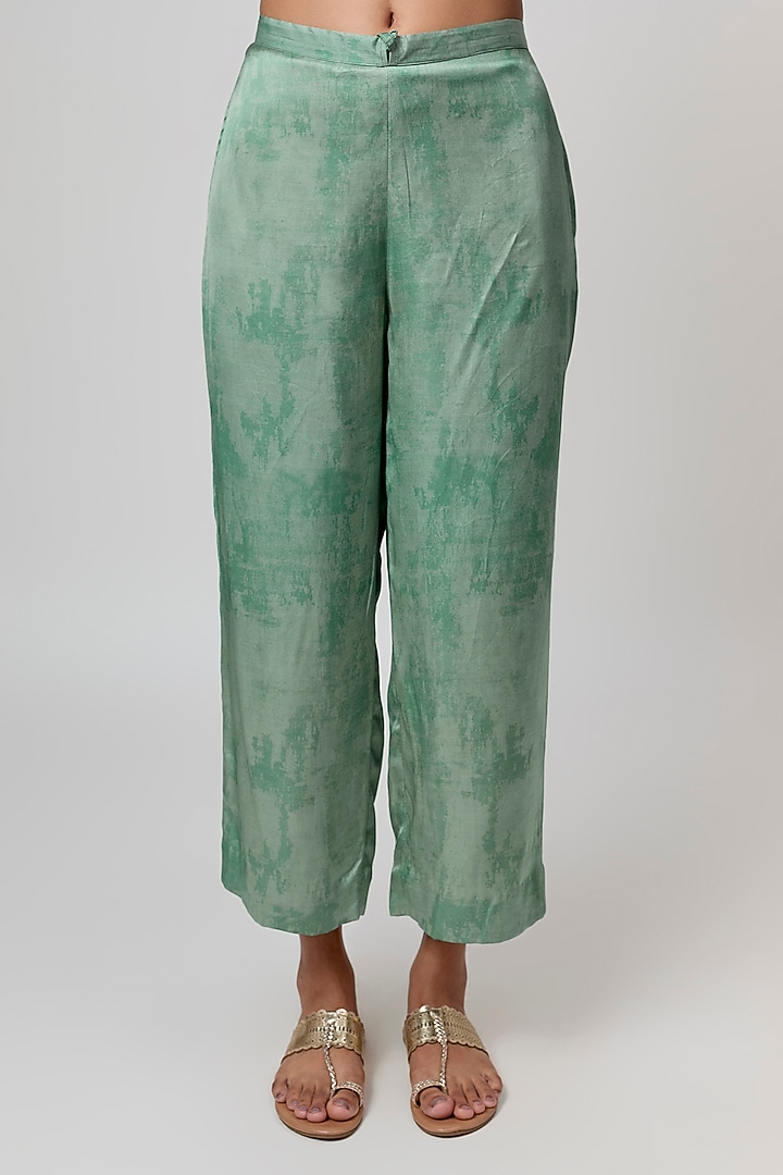 Sage Green Satin Silk Foil Embroidered & Printed Kurta Set by Punit Balana at Pernia's Pop Up Shop