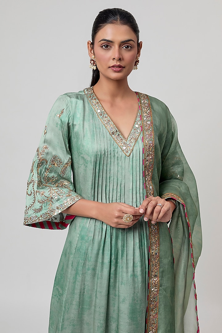 Sage Green Satin Silk Foil Embroidered & Printed Kurta Set by Punit Balana at Pernia's Pop Up Shop