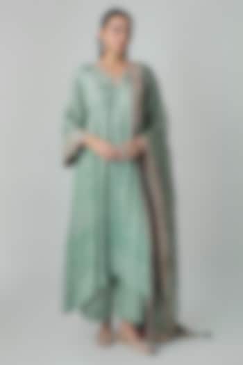 Sage Green Satin Silk Marble Printed & Embroidered Kurta Set by Punit Balana at Pernia's Pop Up Shop