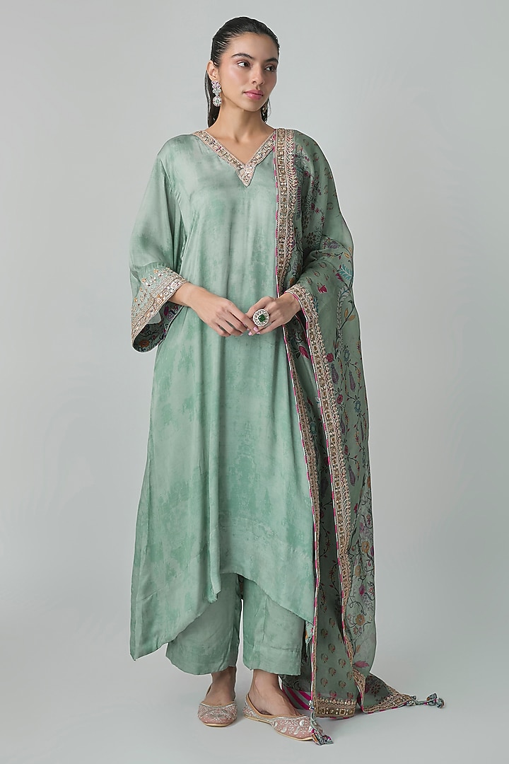 Sage Green Satin Silk Marble Printed & Embroidered Kurta Set by Punit Balana at Pernia's Pop Up Shop
