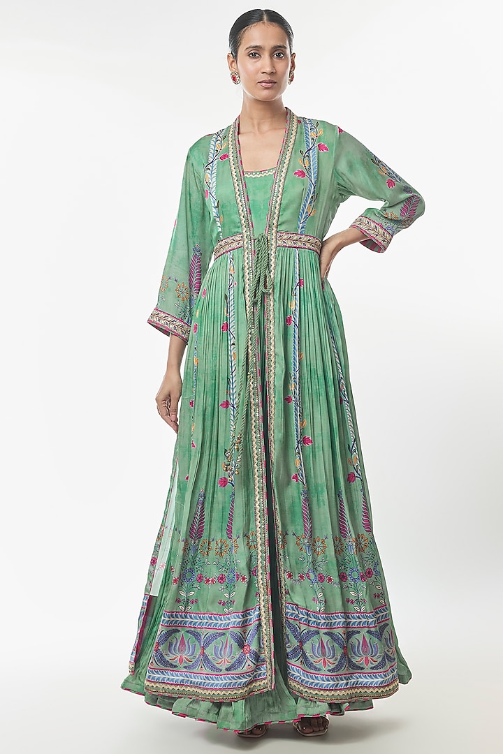 Sage Green Satin Silk Floral Embroidered Wedding Anarkali Set by Punit Balana at Pernia's Pop Up Shop